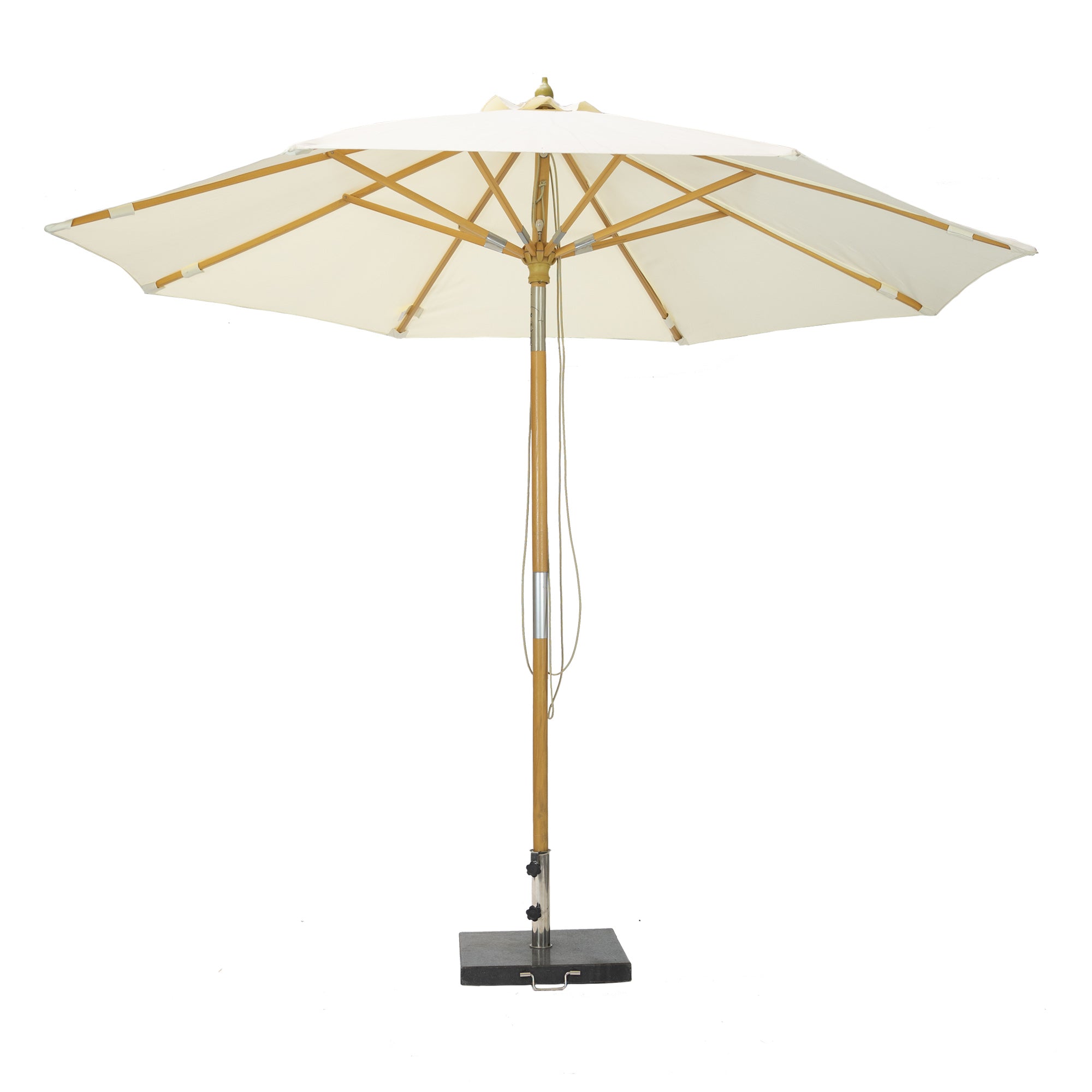 Parasol hout met ecrukleurig zeil 3m rond + voet